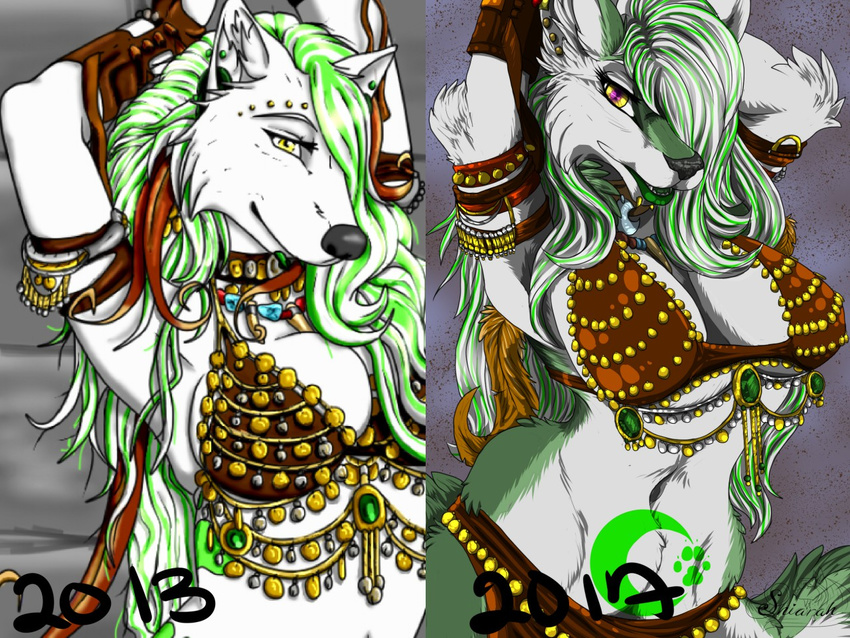 2013 2017 4:3 anthro breasts canid canine clothing coin dire_wolf ear_piercing extinct feathers female gloves gypsy handwear highlights_(coloring) jewelry mammal piercing prehistoric_species shiarah solo tattoo