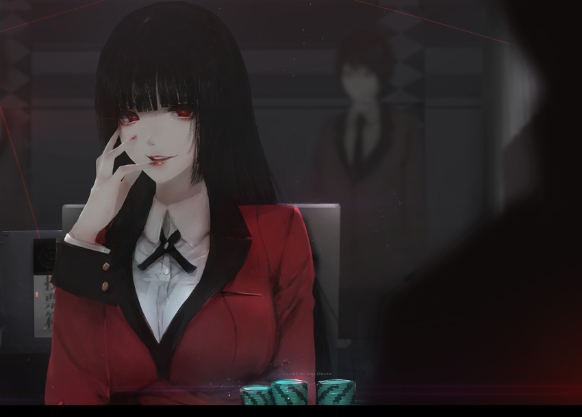 1boy absurdres aoi_ogata artist_name black_hair black_ribbon blazer blunt_bangs blurry breasts chair collared_shirt depth_of_field female fingernails fingers_to_cheeks formal highres hime_cut hyakkaou_academy_school_uniform indoors jabami_yumeko jacket kakegurui large_breasts light_trail lips long_hair looking_at_viewer nail_polish necktie open_mouth poker_chip red_eyes red_jacket red_suit ribbon school_uniform shirt sitting smile solo_focus suit suit_jacket suzui_ryouta teeth very_long_hair white_shirt