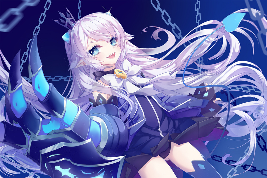 black_panties blue_background blue_eyes blue_skirt blue_theme blue_thighhighs bow brooch chains claws commentary_request crown demon_power_(elsword) elsword female jewelry long_hair luciela_r._sourcream mini_crown miniskirt panties pantyshot pointy_ears skirt smile solo standing symbol-shaped_pupils thighhighs underwear very_long_hair wataru_kuri white_bow white_hair