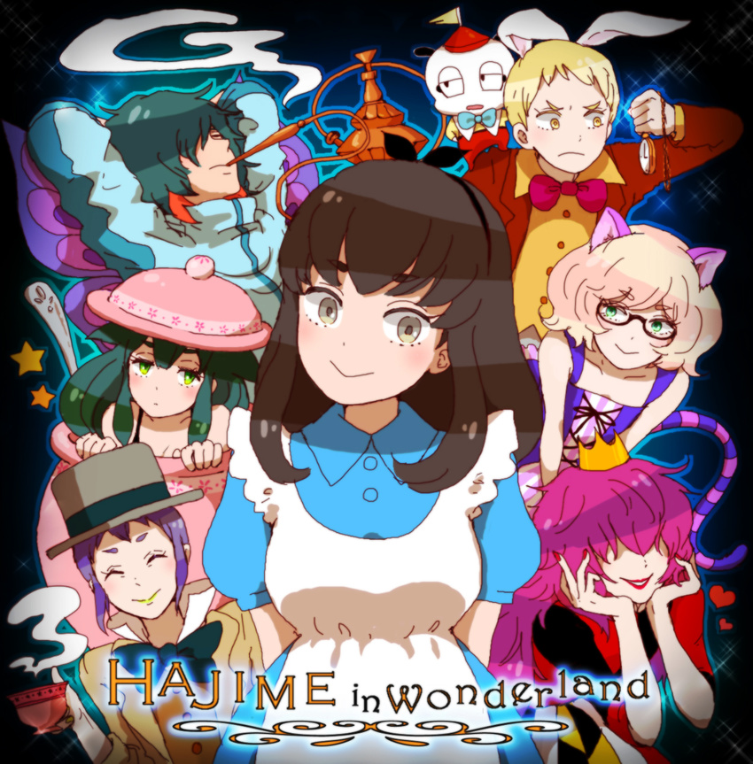 2girls 2others 3boys alice_in_wonderland animal_ears applebrown bad_id bad_pixiv_id belt berg_katse black_hair blonde_hair boots bow bra brown_hair cigarette crown double_v dress feline fingerless_gloves gatchaman_crowds gloves green_eyes green_hair hair_ornament hairbow hat hibiki_joe highres ichinose_hajime long_hair looking_at_viewer miya_utsutsu multiple_boys multiple_girls multiple_others ninomiya_rui o.d. otoko_no_ko paiman photoshop_(medium) popped_collar purple_eyes purple_hair rabbit_ears smile smoking tachibana_sugane top_hat underwear v watch yellow_eyes