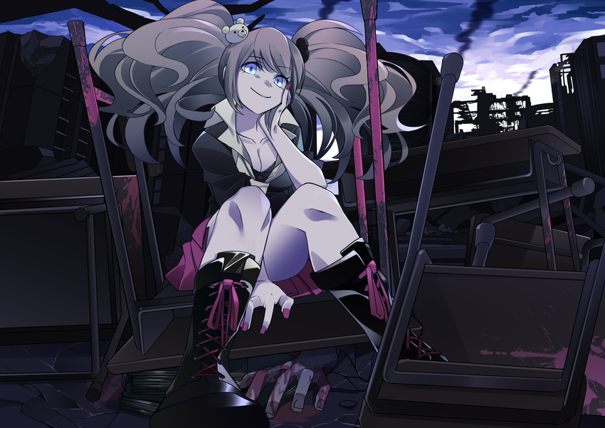 bad_id bad_pixiv_id blood blue_eyes book bow breasts cleavage danganronpa:_trigger_happy_havoc danganronpa_(series) desk enoshima_junko female hair_ornament hand_on_own_cheek hand_on_own_face highres long_hair medium_breasts nail_polish necktie pink_blood pink_hair red_nails red_skirt school_desk skirt sleeves_rolled_up smile solo spoilers total9 twintails