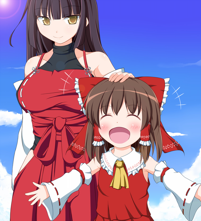 2girls ^_^ aged_down ascot bare_shoulders black_hair blunt_bangs blush breasts brown_hair closed_eyes cloud commentary_request day detached_sleeves hakama hakama_skirt hakurei_reimu halterneck happy headpat highres japanese_clothes large_breasts leotard m.u.g.e.n multiple_girls nikku_(ra) nontraditional_miko open_mouth original red_hakama revision sendai_hakurei_no_miko sidelocks skirt sky smile touhou yellow_eyes