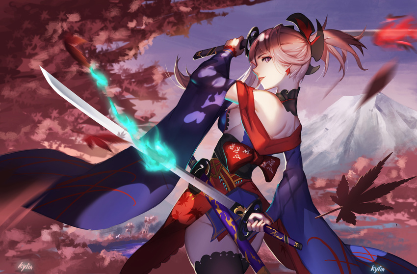 absurdres arm_behind_back arm_up bare_shoulders black_thighhighs breasts commentary_request cowboy_shot detached_collar detached_sleeves dual_wielding earrings fate/grand_order fate_(series) female from_behind hair_ornament highres holding jewelry katana leaf light_smile lips looking_at_viewer looking_back maple_leaf medium_breasts miyamoto_musashi_(fate) miyamoto_musashi_(third_ascension)_(fate) outdoors parted_lips photoshop_(medium) pink_hair profile purple_eyes short_ponytail sideboob solo sword thighhighs weapon wide_sleeves yun_lin