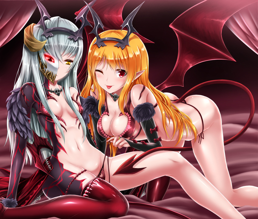 2girls :p all_fours bare_shoulders blonde_hair breasts cleavage commentary_request demon_girl demon_tail elbow_gloves gloves horns kneeling long_hair looking_at_viewer lord_of_vermilion lord_of_vermilion_iii mask medium_breasts milia_(lord_of_vermilion) multiple_girls navel original panties pointy_ears red_eyes red_legwear shimo_(depthbomb) short_hair side-tie_panties silver_hair single_thighhigh small_breasts tail thighhighs tongue tongue_out underwear untied_panties wings yellow_eyes