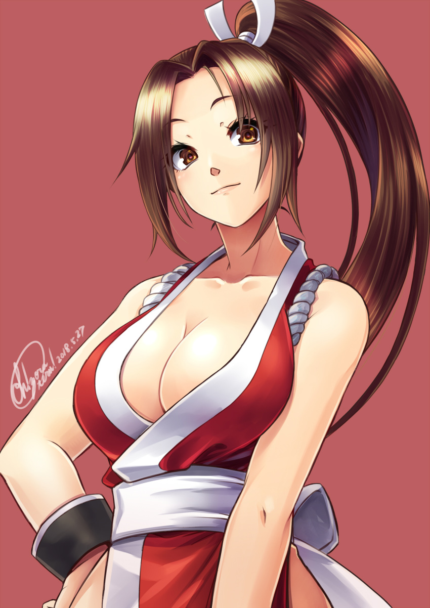 bare_shoulders bracer breasts brown_eyes brown_hair cleavage commentary_request fatal_fury female folding_fan hair_tie hand_fan hand_on_own_hip high_ponytail highres japanese_clothes large_breasts long_hair ninja obi ooike_teru pelvic_curtain ponytail revealing_clothes ribbon rope sash shiranui_mai signature smirk solo the_king_of_fighters white_ribbon