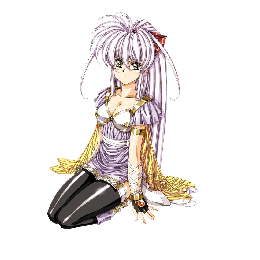 absurdres armlet armor black_thighhighs boots bow breastplate breasts cape cleavage collarbone dress female fingerless_gloves gloves green_eyes growlanser growlanser_iv growlanser_iv:_over_reloaded hairbow highres light_purple_hair long_hair looking_at_viewer medium_breasts official_art short_dress short_sleeves sitting solo thighhighs transparent_background tsukaima_d-ln_kata urushihara_satoshi