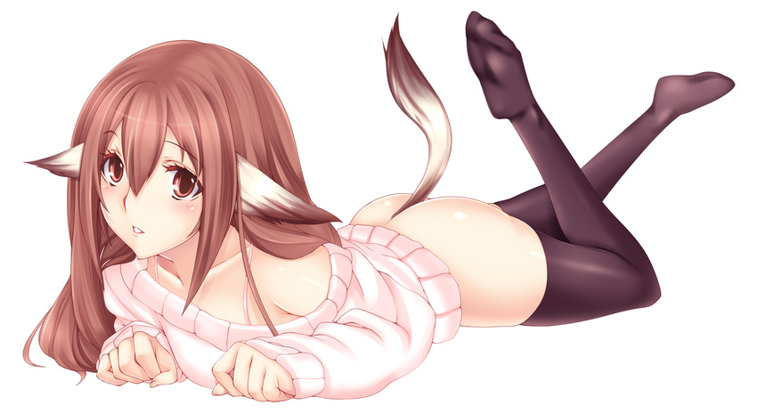 absurdres animal_ears ass black_thighhighs brown_eyes commentary_request female highres leg_up long_hair photoshop_(medium) red_eyes simple_background solo thighhighs white_background yui.h