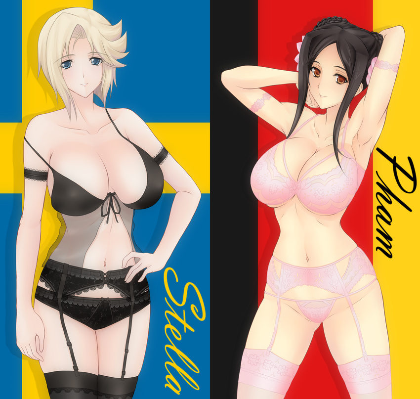 2girls armpits bad_id bad_pixiv_id black_bra black_hair black_legwear black_panties blonde_hair blue_eyes bow bow_panties bra breasts brown_eyes character_name cleavage flag_background flower front-tie_top garter_belt german_flag green_kaminari hair_flower hair_ornament hand_on_own_hip highres large_breasts lingerie lips multiple_girls muv-luv muv-luv_alternative muv-luv_total_eclipse navel panties pham_thi_ran pink_bra pink_legwear pink_panties schwarzesmarken short_hair smile stella_bremer strap_slip swedish_flag thighhighs underboob underwear underwear_only