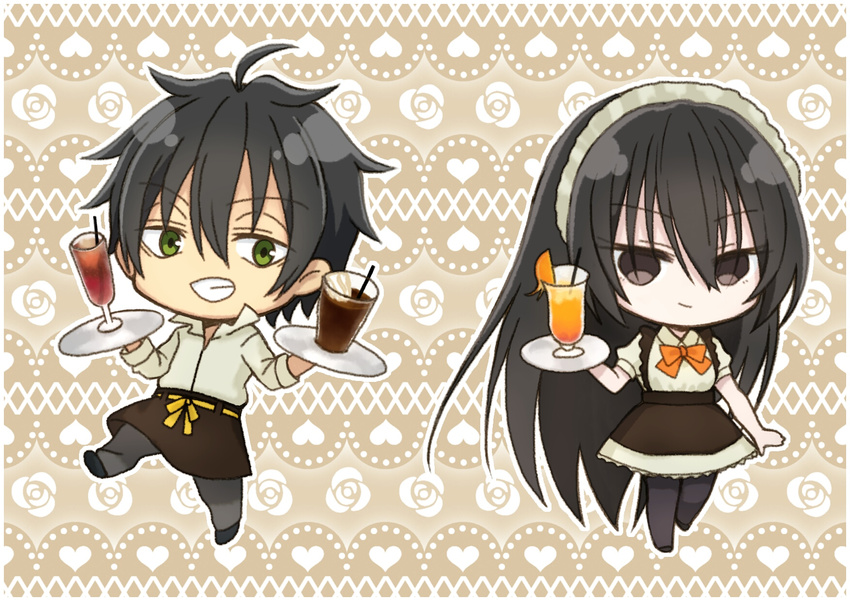 1boy ahoge amou_kirukiru apron bad_id bad_pixiv_id black_eyes black_hair black_legwear busou_shoujo_machiavellism chibi female food fruit green_eyes grin hair_between_eyes hairband heart highres long_hair maid_headdress no_nose nomura_fudou orange_(fruit) pantyhose smile very_long_hair waitress yuuki_sudachi