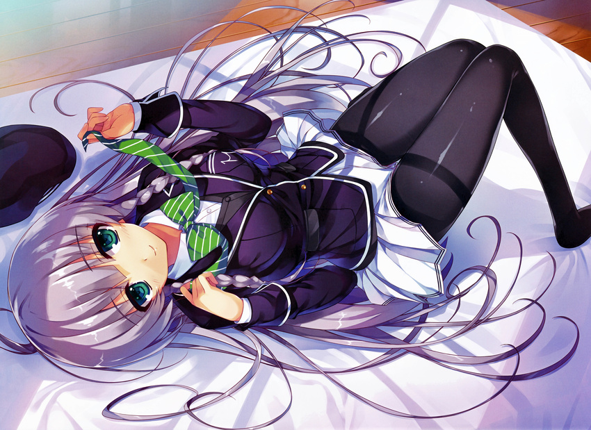 absurdres bed black_pantyhose blazer braid end_card female furukawa_yui green_eyes hat highres incredibly_absurdres indoors jacket light_purple_hair long_hair looking_at_viewer lying on_back on_bed pantyhose photoshop_(medium) scan school_uniform skirt smile solo thighband_pantyhose tomose_shunsaku twin_braids unworn_hat unworn_headwear ushinawareta_mirai_wo_motomete