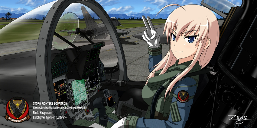 ahoge aircraft airplane artist_name blonde_hair blue_eyes cloud cockpit commentary_request controller day eurofighter_typhoon female german_text gloves grass hanna-justina_marseille helmet hose joystick long_hair looking_at_viewer luftwaffe military military_base military_uniform outdoors pilot_suit runway signature sitting sky smile solo tree uniform wehrmacht witches_of_africa world_witches_series zero_(73ro)