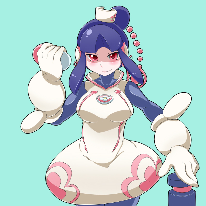 android blue_background blue_hair bodysuit breasts capcom commentary_request cowboy_shot elbow_gloves female gloves hat helmet highres holding large_breasts meddy.exe_(mega_man) mega_man_(series) mega_man_battle_network_(series) mega_man_battle_network_5 netnavi nisemono_faker nurse nurse_cap robot_ears sidelocks simple_background smile solo white_gloves