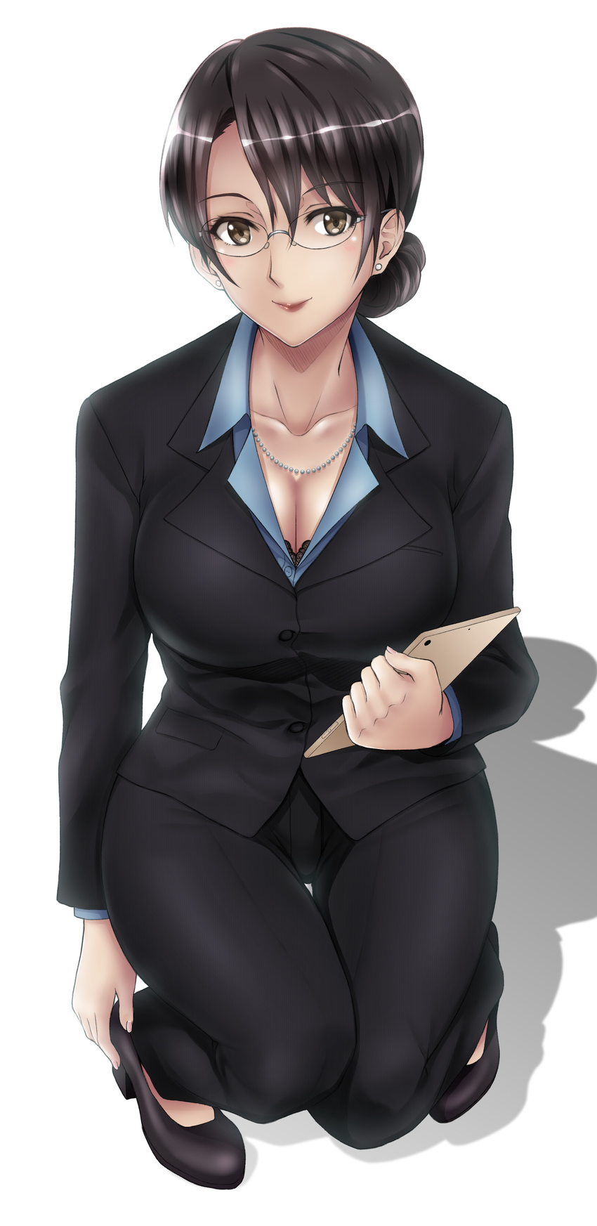 absurdres adjusting_clothes adjusting_shoe bad_id bad_pixiv_id black_bra black_footwear black_hair bra bra_peek breasts brown_eyes brown_hair cleavage earrings female formal glasses green_kaminari hair_between_eyes hair_bun highres jewelry kikuchihara_aki large_breasts lips lipstick makeup pant_suit pants re:creators shoes single_hair_bun smile solo squatting suit tablet_pc thigh_gap underwear