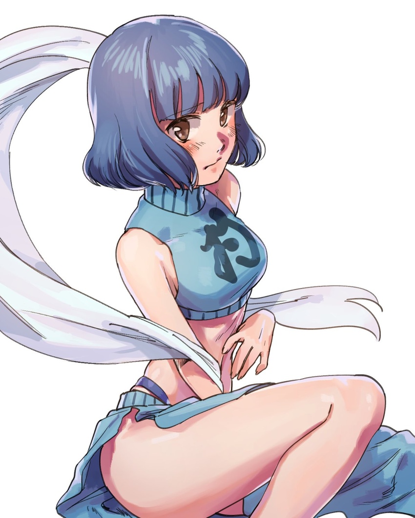 akabino bare_arms bare_shoulders blue_hair blush breasts brown_eyes brown_hair chinese_clothes commentary_request cosplay crop_top female hagoromo highres houshin_engi medium_breasts midriff navel ou_kijin ou_kijin_(cosplay) pelvic_curtain seaside_muramoto shawl short_hair simple_background sitting solo white_background yu-gi-oh! yu-gi-oh!_tag_force