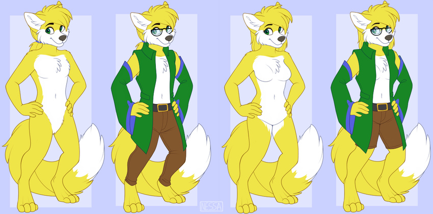 2015 anthro breasts canid canine clothed clothing coat digitigrade eyewear female fox glasses hair long_hair male mammal miles_yellow model_sheet multiple_genders nude off/on ponytail rule_63 sleeves solo strawberryneko topwear transformation trenchcoat