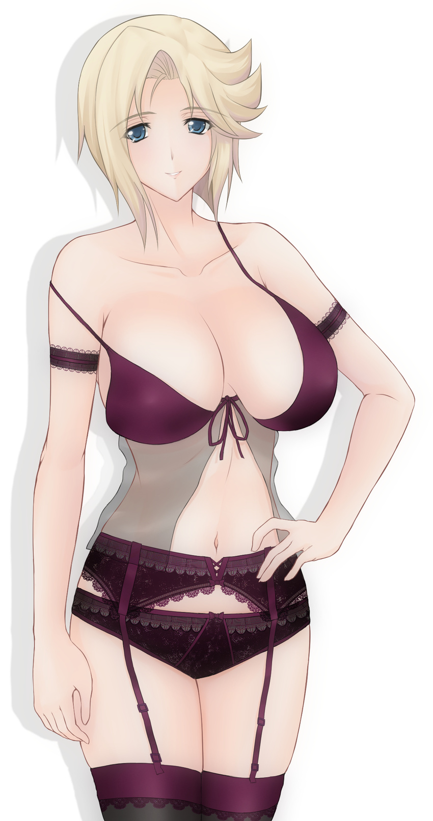 armband bad_id bad_pixiv_id black_panties black_thighhighs blonde_hair blue_eyes bra breasts cleavage female garter_belt green_kaminari hand_on_own_hip highres large_breasts lingerie lips muv-luv muv-luv_alternative muv-luv_total_eclipse navel panties purple_bra shadow short_hair simple_background smile solo stella_bremer strap_slip thighhighs underwear white_background zoom_layer