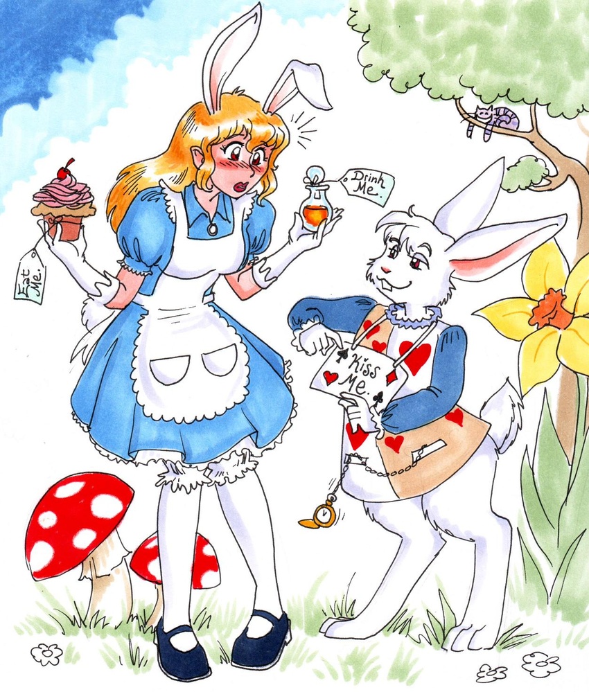 2009 alice_(alice_in_wonderland) alice_in_wonderland amanita amanitaceae animal_humanoid blonde_hair blush cheshire_cat cheshire_cat_(species) cupcake domestic_cat duo felid feline felis female flirting flower fly_agaric food fungus hair hi_res human humanoid lagomorph lagomorph_humanoid leporid leporid_humanoid male mammal mammal_humanoid mushroom plant rabbit rabbit_humanoid size_difference sue-chan_(artist) the_white_rabbit