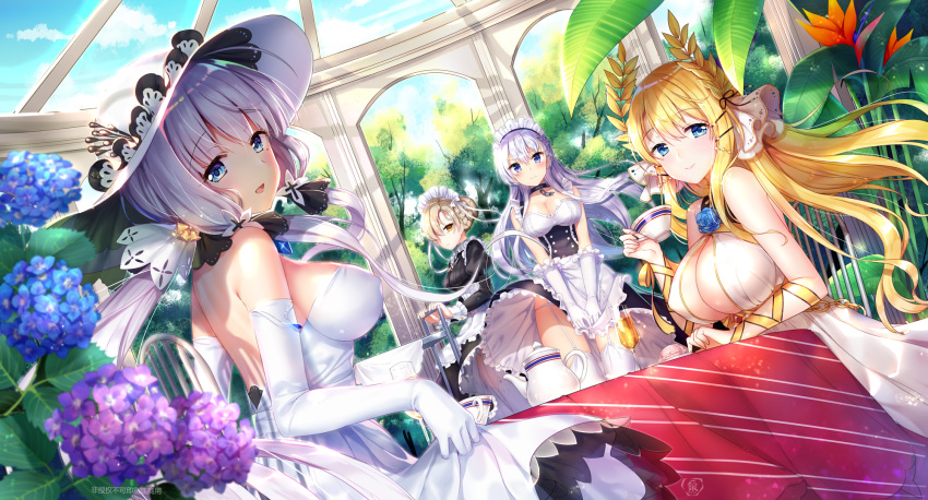 anthro aqua_eyes azur_lane belfast_(azur_lane) blonde_hair braids breasts brown_hair chains collar dress drink elbow_gloves flowers garter_belt gloves group headdress illustrious_(azur_lane) long_hair maid sheffield_(azur_lane) short_hair sideboob silver15 skirt_lift stockings thighhighs twintails victorious_(azur_lane) white_hair yellow_eyes