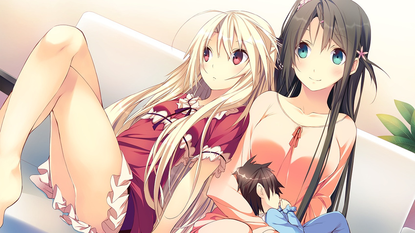 2girls aka-san aka-san_to_kyuuketsuki alexandra_ann-christine_axelina black_hair blonde_hair blue_eyes brown_hair dress game_cg kuwashima_rein long_hair multiple_girls red_eyes rokukakuin_konoha short_hair