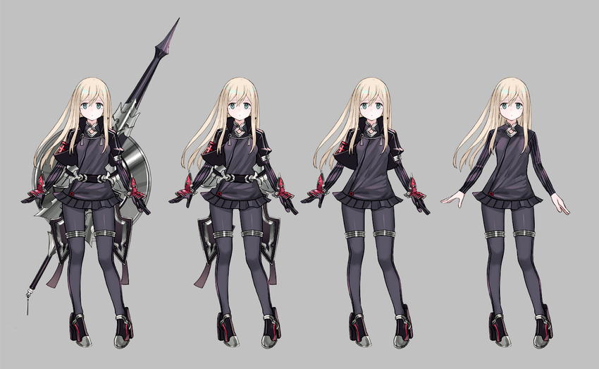 alternate_costume blonde_hair blue_eyes commentary_request cropped_jacket cross female full_body grey_background high_heels iron_cross kantai_collection lance lancer_(tera_online) long_hair long_sleeves luicent microskirt multiple_views pantyhose pleated_skirt polearm reference_sheet shield simple_background skirt standing tera_online u-511_(kancolle) variations weapon weapon_on_back