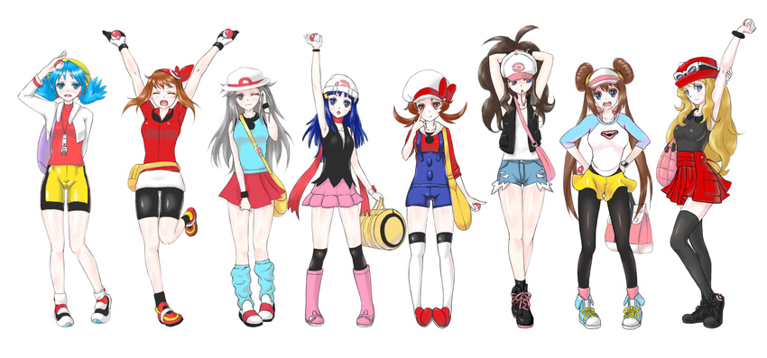 adjusting_hair akanbe aqua_eyes aqua_legwear arm_behind_back arm_behind_head arm_holding arm_up armpits arms_behind_head arms_up artist_request bag bandana baseball_cap beanie bike_shorts black_hair black_legwear blonde_hair blue_(pokemon) blue_eyes blue_hair blush boots bracelet breast_envy breasts brown_eyes brown_hair cabbie_hat closed_eyes cropped_jacket crystal_(pokemon) dawn_(pokemon) double_bun fanny_pack female full_body gloves goggles goggles_on_hat hair_ornament hair_tucking handbag hands_on_hips haruka_(pokemon) hat holding holding_bag holding_poke_ball jacket jewelry kotone_(pokemon) leg_up lineup long_hair long_sleeves looking_at_another looking_at_viewer looking_to_the_side mei_(pokemon) mouth_hold multiple_girls nintendo one_eye_closed open_mouth overalls pantyhose poke_ball pokemon pokemon_(game) pokemon_bw pokemon_bw2 pokemon_dppt pokemon_frlg pokemon_gsc pokemon_hgss pokemon_rse pokemon_xy poketch ponytail rubber_band scarf serena_(pokemon) shoes short_sleeves shorts shoulder_bag silver_eyes silver_hair simple_background skirt sleeveless sleeveless_shirt smile sneakers socks standing standing_on_one_leg tank_top thighhighs touko_(pokemon) twintails tying_hair vest visor_cap watch white_background white_legwear wink wristband wristwatch