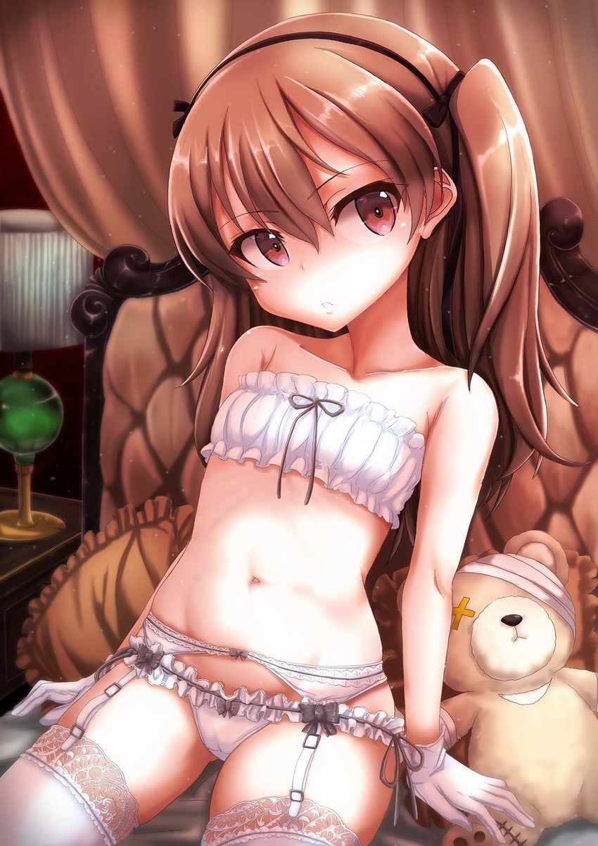 arm_support blurry blurry_background boko_(girls_und_panzer) bow bow_panties bra brown_eyes brown_hair chair commentary_request crotch_seam female frilled_bra frilled_panties frills garter_belt girls_und_panzer gloves head_tilt highres indoors lace lace-trimmed_legwear lace_trim lamp lampshade leaning_back light_particles lingerie long_hair navel one_side_up panties panties_over_garter_belt parted_lips pillow shibagami shimada_arisu solo strapless strapless_bra stuffed_animal stuffed_toy teddy_bear thighhighs underwear underwear_only white_gloves white_thighhighs wooden_chair