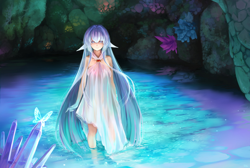 blue_eyes blue_hair butterfly dress hikonyaaa long_hair original pointed_ears water