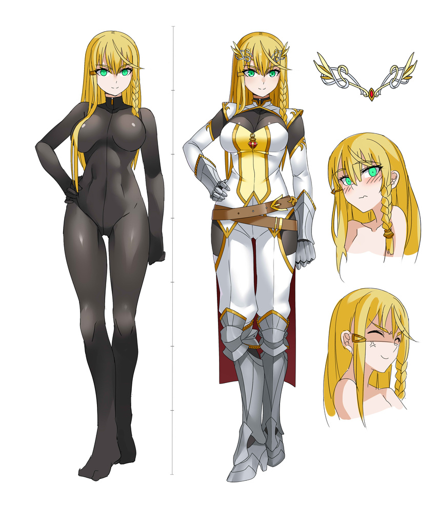 absurdres anger_vein armor armored_boots belt blonde_hair blush bodysuit boots braid breasts closed_eyes commentary_request detached_sleeves eyebrows female full_body gauntlets green_eyes hair_ornament hand_on_own_hip highres large_breasts long_hair multiple_views nanaya777 original side_braid side_slit simple_background smile tabard tiara upper_body variations wavy_mouth white_background