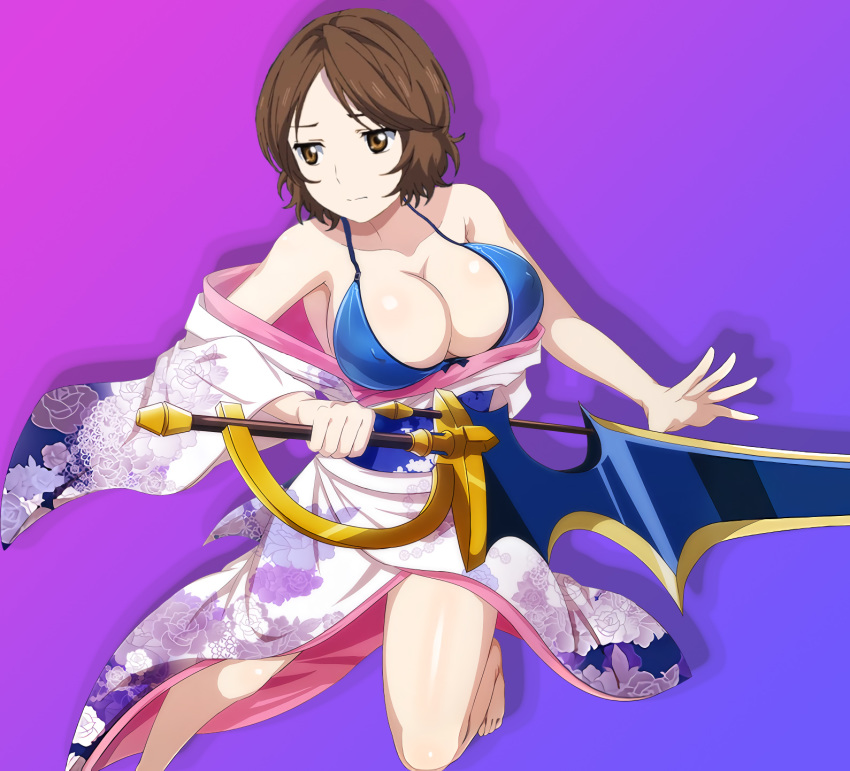 bikini_top breasts brown_eyes brown_hair female kimono kimono_down large_breasts sawabe_tsubaki shigatsu_wa_kimi_no_uso short_hair sword