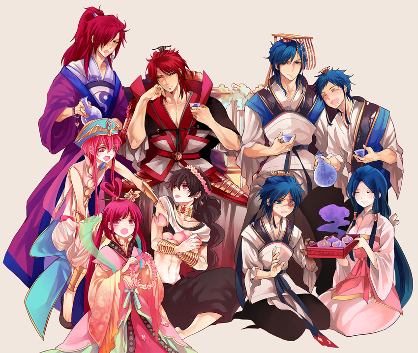 3girls 6+boys black_hair blue_eyes blue_hair brother_and_sister brothers chinese_clothes commentary_request cousins crown food fruit guan_hat hagoromo hanfu judal long_hair magi_the_labyrinth_of_magic mian_guan mole multiple_boys multiple_girls nair_(mindcreator) peach photoshop_(medium) purple_hair red_eyes red_hair ren_hakuei ren_hakuren ren_hakuryuu ren_hakuyuu ren_kouen ren_kougyoku ren_kouha ren_koumei shawl siblings