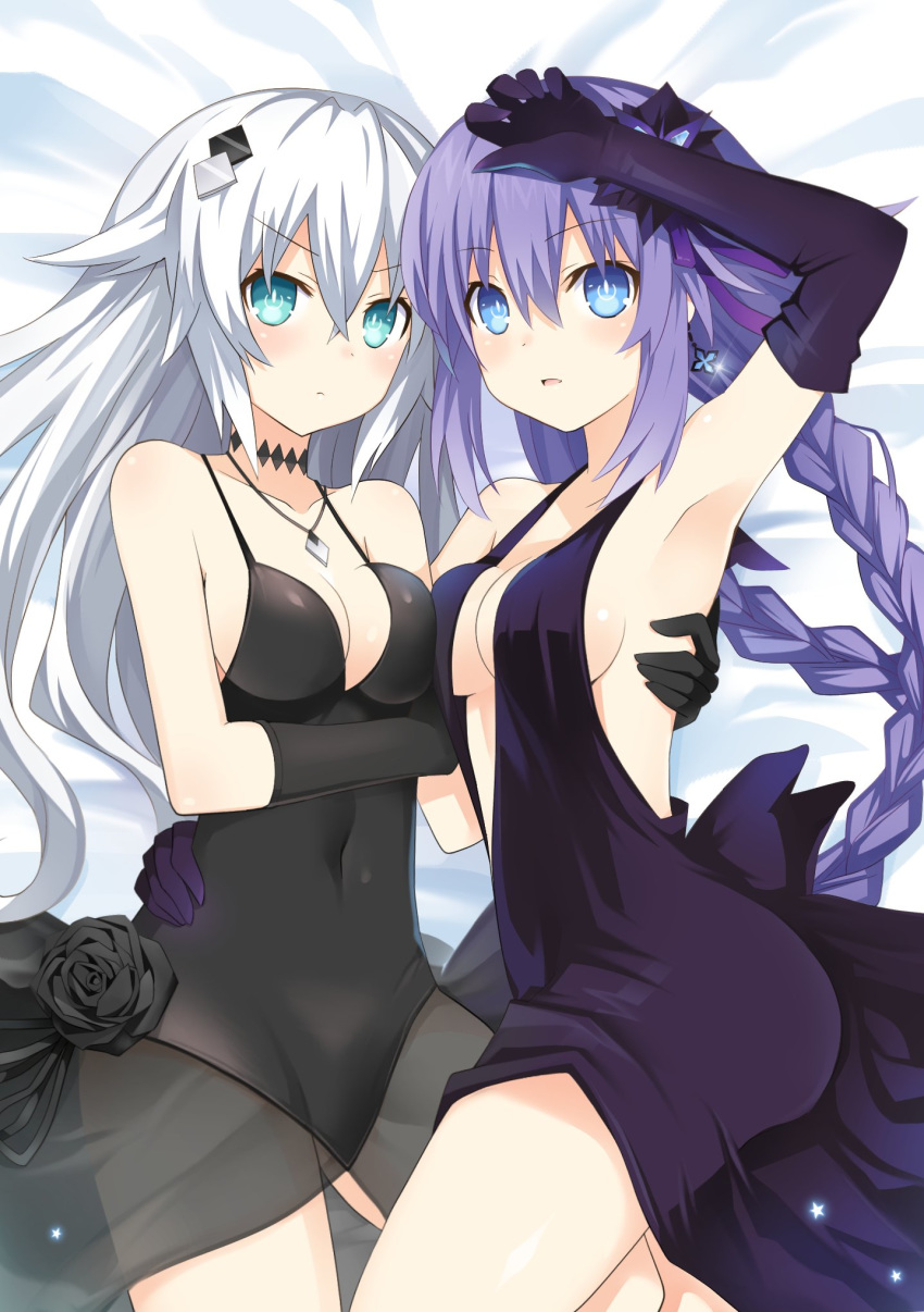 2girls armpits asymmetrical_docking azur_lane black_dress black_heart_(goddesses'_smile) black_heart_(neptunia) blue_eyes blush braid breast_press breasts cleavage commentary_request covered_navel dress earrings elbow_gloves gloves green_eyes hair_ornament hand_up highres jewelry long_hair looking_at_viewer medium_breasts multiple_girls neptune_(series) plunging_neckline power_symbol power_symbol-shaped_pupils purple_hair purple_heart_(goddesses'_promise) purple_heart_(neptunia) ribbon symbol-shaped_pupils twin_braids very_long_hair white_hair yuri zero_(ray_0805)