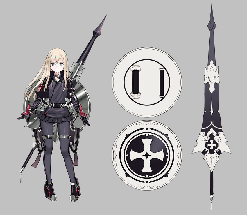 alternate_costume blonde_hair blue_eyes commentary_request cropped_jacket cross female full_body grey_background high_heels highres iron_cross kantai_collection lance lancer_(tera_online) long_hair long_sleeves luicent microskirt pantyhose pleated_skirt polearm reference_sheet shield simple_background skirt solo standing tera_online u-511_(kancolle) weapon weapon_on_back