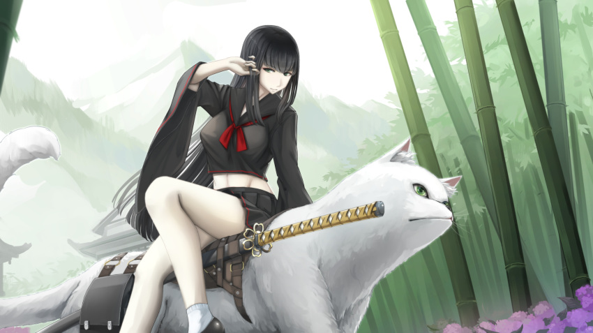 black_serafuku blue_eyes chinese_commentary commentary female highres kikivi long_hair looking_at_viewer original outdoors pale_skin riding school_uniform serafuku sidesaddle smile solo sword weapon wide_sleeves