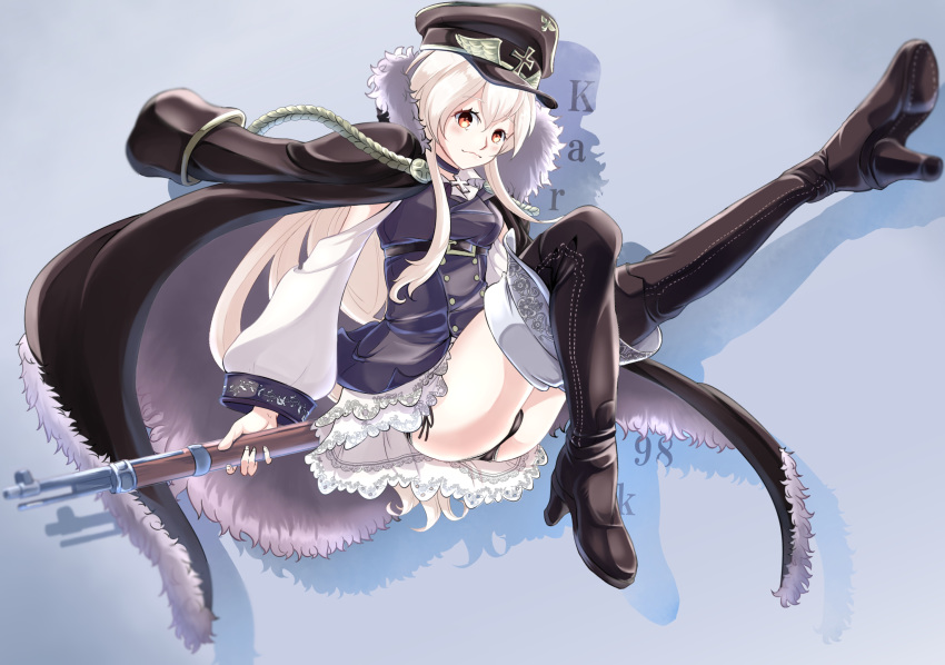 black_choker black_coat black_dress black_footwear black_hat black_panties black_skirt bolt_action boots character_name choker closed_mouth coat commentary_request cross cross_choker dress female fur_trim girls'_frontline grey_background gun hat high_heel_boots high_heels highres holding holding_gun holding_weapon ikeshiki-chuujou insignia invisible_chair iron_cross jacket jacket_on_shoulders kar98k_(girls'_frontline) lace lace-trimmed_panties lace_trim leg_up light_blush lips long_hair long_sleeves looking_at_viewer mauser_98 panties pantyshot peaked_cap petticoat red_eyes rifle short_dress side-tie_panties sitting skirt smile solo thigh_boots thighhighs underwear very_long_hair weapon white_hair