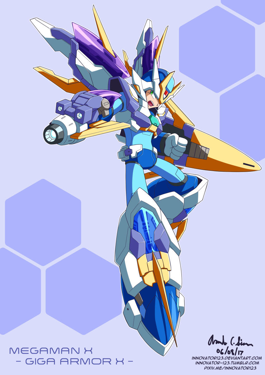 1boy absurdres android arm_cannon armor commentary english_commentary gloves green_eyes helmet highres innovator123 male_focus mega_man_(series) mega_man_x_(series) robot solo weapon x_(mega_man)