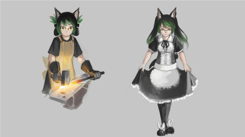 animal_ear_fluff animal_ears anvil apron black_hair blacksmith bow cat_ears cat_girl cat_tail commentary curtsey double_bun english_commentary female folded_twintails glasses gloves glowing_hot gradient_hair green_hair grey_background hair_bun hair_up hammer high_heels looking_at_viewer maid multicolored_hair multiple_views original paintrfiend safety_glasses simple_background skirt_hold smile tail tharkis twintails