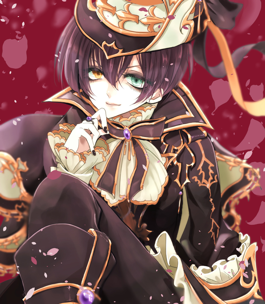 1boy ayuneo black_hair blue_eyes commentary_request eva_armstrong frilled_shirt_collar frills gloves hat heterochromia highres i-chu male_focus ribbon smile solo top_hat white_gloves yellow_eyes