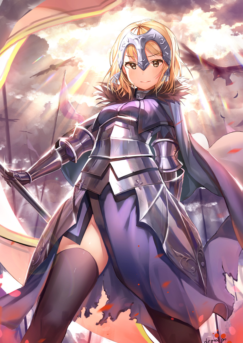 absurdres armor blonde_hair breasts commentary_request fate/apocrypha fate_(series) female gauntlets headpiece highres jeanne_d'arc_(fate) jeanne_d'arc_(ruler)_(fate) long_hair looking_at_viewer photoshop_(medium) popuru small_breasts solo thighhighs yellow_eyes