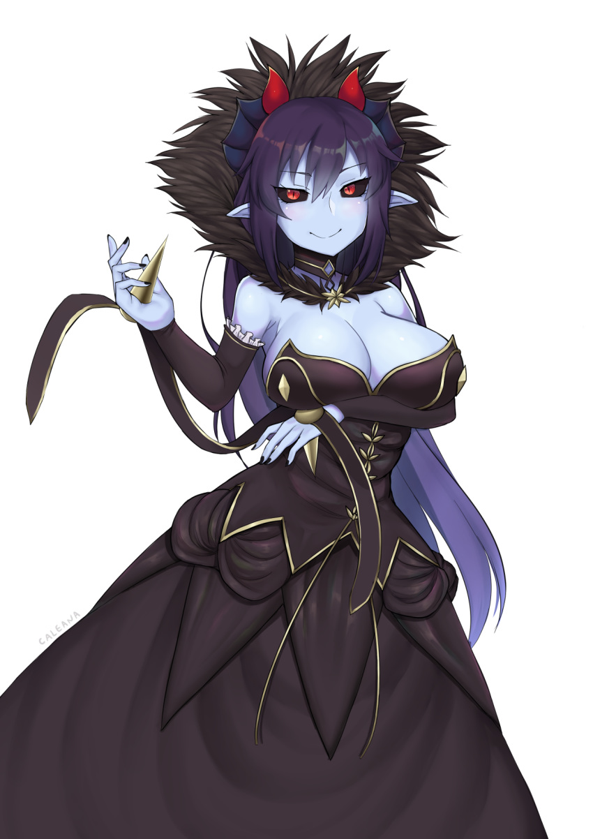 arm_under_breasts artist_name black_sclera blue_skin breast_hold breasts caleana cleavage colored_sclera colored_skin commentary commission cosplay demon_(monster_girl_encyclopedia) demon_girl demon_horns detached_sleeves dress english_commentary fate/apocrypha fate/grand_order fate_(series) female fur_collar hair_between_eyes highres horns large_breasts long_hair looking_at_viewer monster_girl_encyclopedia pointy_ears purple_hair red_eyes semiramis_(fate) semiramis_(fate)_(cosplay) simple_background slit_pupils smile solo very_long_hair white_background