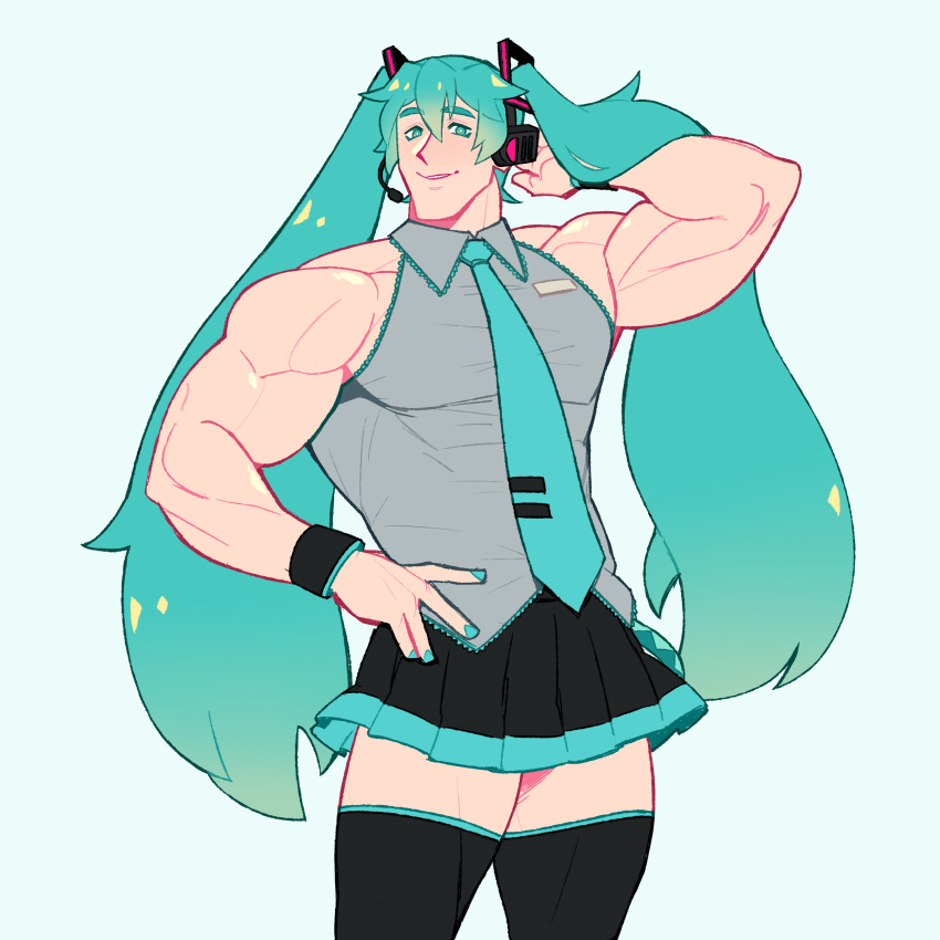 1boy absurdres aqua_eyes aqua_hair bara bare_shoulders blue_eyes blue_nails cowboy_shot feraltintinsimp genderswap_(ftm) hatsune_miku highres large_pectorals long_hair looking_at_viewer male_focus muscular muscular_male necktie pectorals rule_63 sidepec simple_background skirt sleeveless smile solo standing thick_eyebrows thighhighs thighs twintails very_long_hair vocaloid zettai_ryouiki