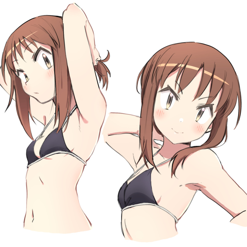 armpits bikini black_bikini blush breasts brown_eyes brown_hair dual_persona female highres medium_hair navel okano_kei sidelocks simple_background small_breasts swimsuit uasi white_background yuyushiki