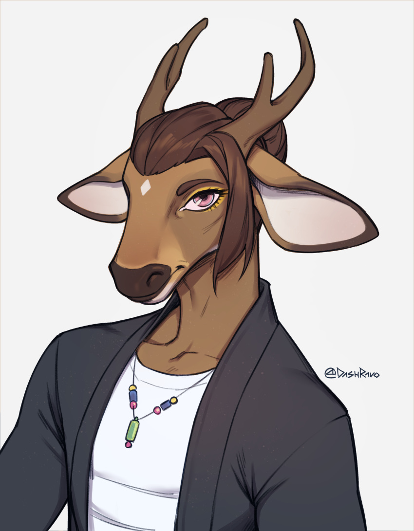 absurd_res anthro antlers cervine clothed clothing dash_ravo deer frankie_(wrinklynewt) hi_res horn jacket jewelry looking_at_viewer male mammal manbun necklace portrait sika_deer simple_background solo topwear white_background