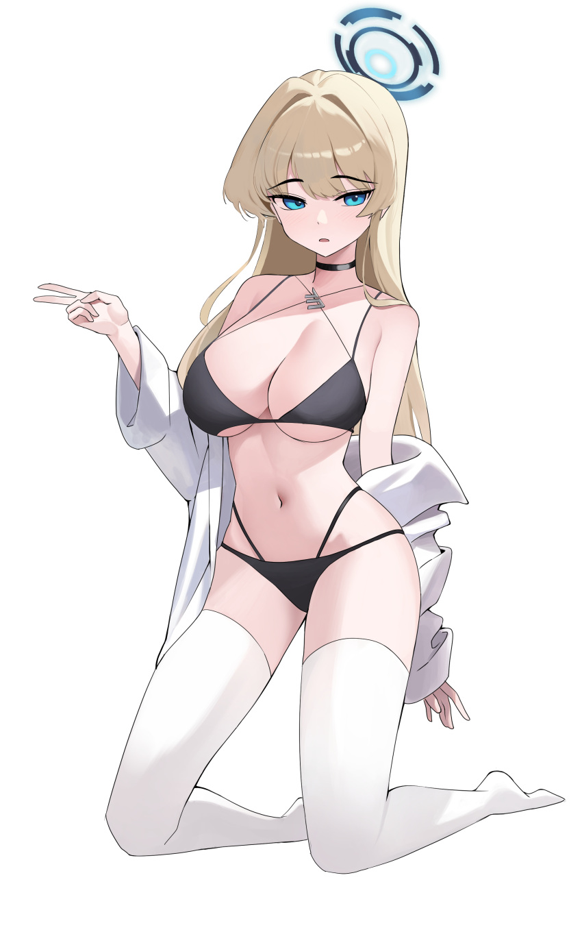 absurdres bikini black_bikini black_choker blonde_hair blue_archive blue_eyes blue_halo breasts choker female halo highres kneeling large_breasts long_hair long_sleeves magya416 navel open_clothes open_mouth open_shirt shirt simple_background solo swimsuit thighhighs toki_(blue_archive) v white_background white_shirt white_thighhighs