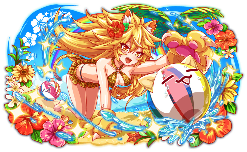 animal_ear_fluff animal_hands animal_print artist_request bare_arms bare_legs bare_shoulders barefoot beach bikini blonde_eyebrows blonde_hair blue_outline blue_sky braid braided_ponytail breasts cat_tail claws cleavage closed_eyes cloud collarbone colorful crash_fever flower flower_(symbol) full_body game_cg gloves gyaru hair_ears hair_flower hair_ornament hibiscus im_kkeokjeong kneeling leaf leopard_print long_hair low-tied_long_hair medium_breasts midriff o-ring o-ring_bikini ocean official_art on_ground open_mouth outline palm_leaf paw_gloves pink_flower red_flower red_outline sand saturated scar see-through see-through_ball shadow sky solo sparkle spiked_hair splashing starfish sunflower swimsuit tachi-e tail teeth tongue transparent_background upper_teeth_only very_long_hair water water_drop white_flower yellow_bikini yellow_eyes yellow_flower