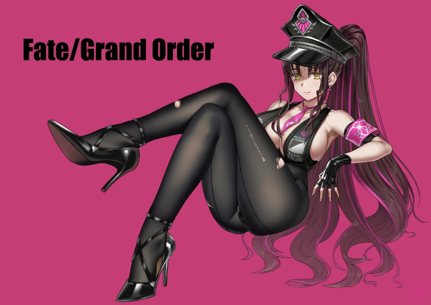 bikini black_bikini black_footwear black_gloves black_hair black_hat bodystocking breasts copyright_name facial_mark fate/grand_order fate_(series) female fingerless_gloves forehead_mark forehead_tattoo ge_(zmq67911029) gloves hat high_heels large_breasts long_hair multicolored_hair necktie peaked_cap pink_armband pink_hair pink_necktie police_hat sessyoin_kiara sessyoin_kiara_(swimsuit_mooncancer) sessyoin_kiara_(swimsuit_mooncancer)_(second_ascension) streaked_hair swimsuit torn_bodystocking torn_clothes very_long_hair yellow_eyes