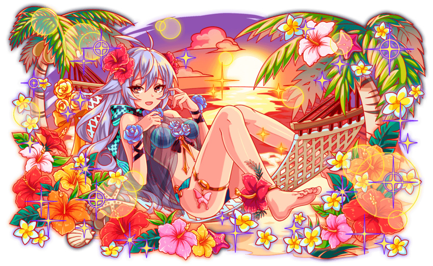 ankle_flower anklet aqua_bikini aqua_flower aqua_ribbon aqua_rose aqua_stripes artist_request bare_arms bare_legs bare_shoulders barefoot beach bikini black_bikini black_ribbon black_straps blue_sky butterfly_ornament cel_shading choker clam_shell cloud coconut coconut_tree crash_fever flower flower_bikini full_body game_cg gold_anklet grey_eyebrows grey_hair hair_between_eyes hair_flower hair_ornament hammock hibiscus horizontal-striped_ribbon janghwa_(crash_fever) jewelry knees_together_feet_apart leaf light_rays long_hair lying midriff neck_flower ocean official_art on_hammock open_mouth orange_flower orange_sky outline palm_leaf palm_tree pink_flower plumeria raised_eyebrows red_outline red_water ribbon ribbon_choker rose sand saturated see-through sidelocks sky solo sparkle starfish sun sunset swimsuit tachi-e thigh_strap transparent_background tree very_long_hair white_flower wrist_flower wrist_straps yellow_flower yellow_rose