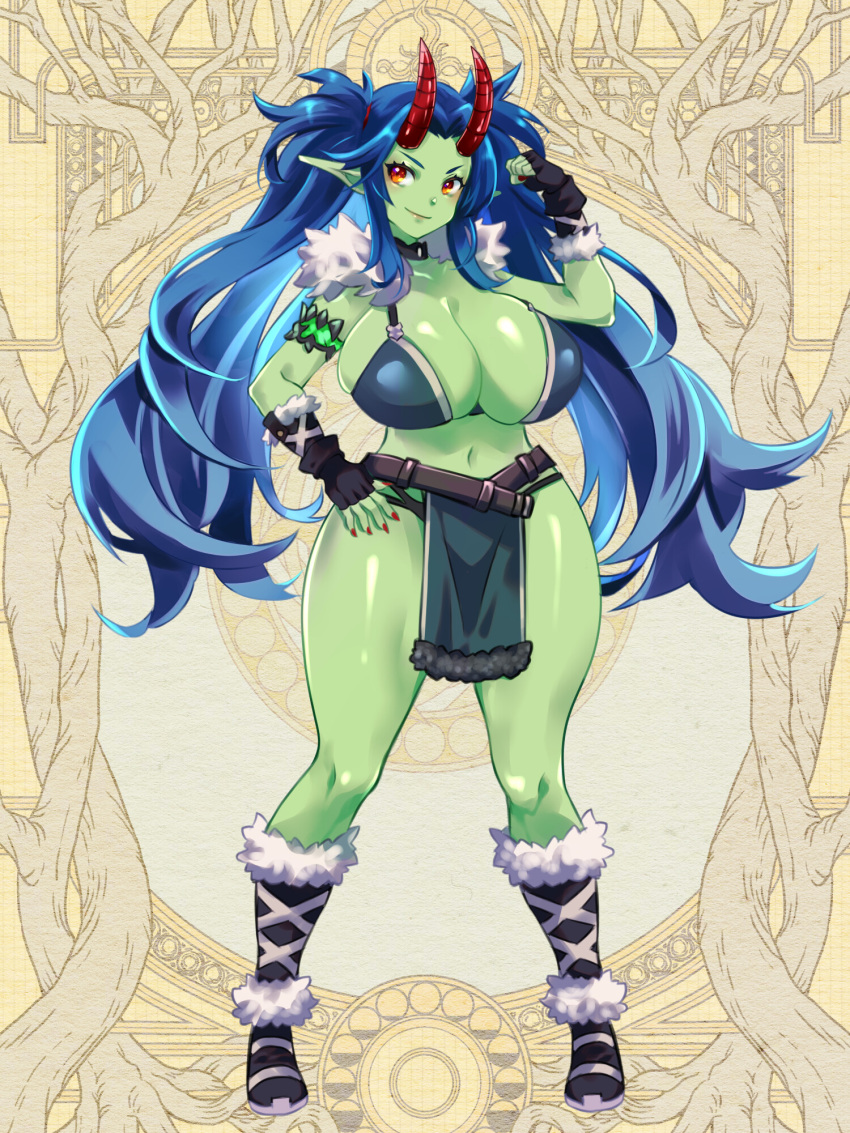 armlet belt black_choker black_gloves blue_hair boots breasts choker clenched_hand colored_skin dairoku_ryouhei female fingerless_gloves full_body fur-trimmed_boots fur-trimmed_gloves fur_trim gloves green_skin hand_on_own_hip hand_up highres horns large_breasts long_hair navel orange_eyes pointy_ears red_horns red_nails smile stading standing su_(pixiv44447) twintails very_long_hair