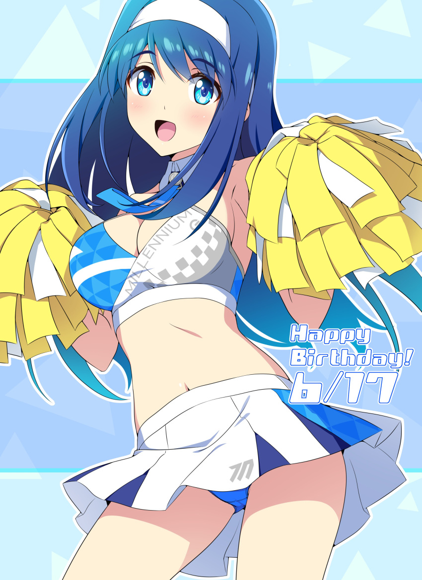 absurdres blue_eyes blue_hair blue_panties blush breasts cheering cheerleader crop_top dated female futaba_aoi_(vividred_operation) hairband happy_birthday highres holding holding_pom_poms long_hair midriff miniskirt navel nonbe open_mouth panties pleated_skirt pom_pom_(cheerleading) skirt smile underwear vividred_operation white_hairband white_skirt