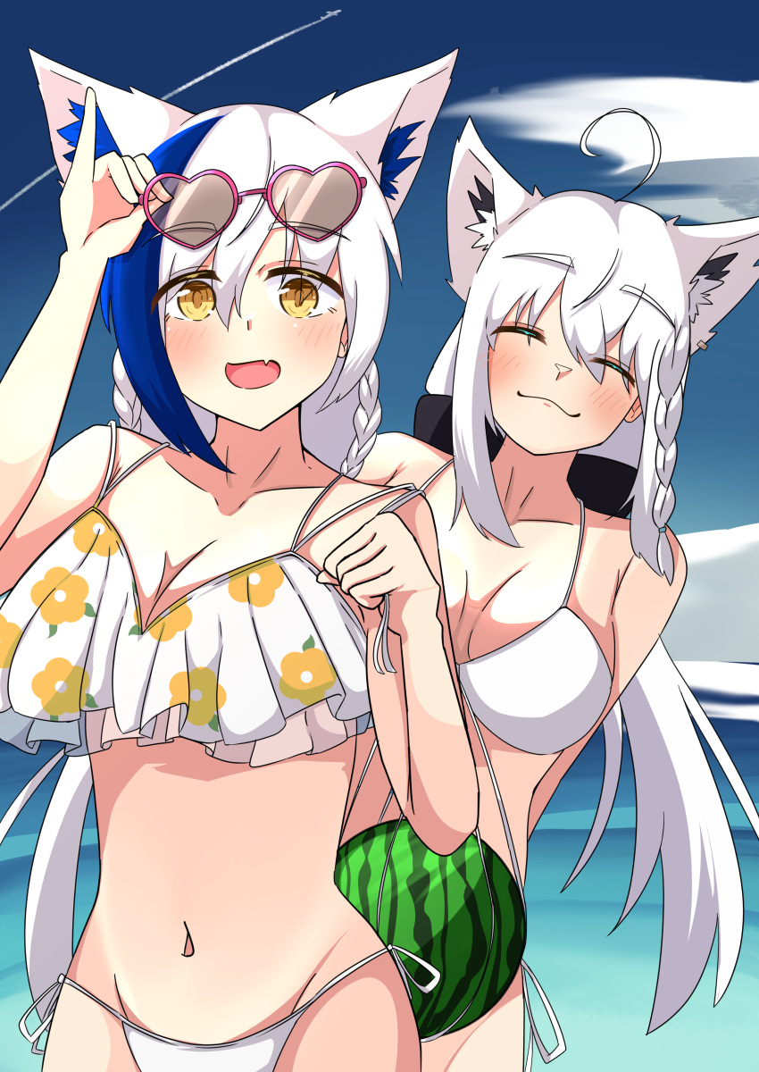 2girls absurdres adjusting_eyewear ahoge animal_ear_fluff animal_ears aomiya_yozuri bikini black_bow blue_hair blush bow braid breasts cat_ears cat_girl cleavage closed_eyes commentary_request earrings food fox_ears fox_girl fruit hair_between_eyes hairbow heart heart-shaped_eyewear highres hololive jewelry large_breasts long_hair looking_at_viewer multicolored_hair multiple_girls navel ocean oerba_yun_fang open_mouth sasamiya shirakami_fubuki sidelocks single_braid smile streaked_hair swimsuit vee_(vtuber) virtual_youtuber watermelon white_bikini white_hair yellow_eyes