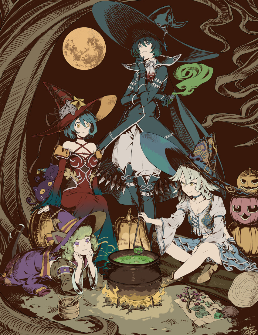 1boy 3girls :3 animal_ear_headwear animal_ears arizuka_(catacombe) baphomet_(megido72) bare_shoulders bare_tree black_hat blue_coat blue_eyes blue_footwear blue_hair blue_skirt boots bottle braided_hair_rings branch breasts campfire cat_ears cauldron cleavage closed_mouth coat commentary_request criss-cross_halter cropped_shirt crossed_arms decarabia_(megido72) detached_sleeves dress feline foot_up frown gradient_dress green_hair grey_shirt grimalkin_(megido72) halter_dress halterneck hand_on_own_chin hand_up hands_on_own_chin hat highres holding holding_bottle holding_ladle jack-o'-lantern juliet_sleeves knee_boots ladle large_breasts leaf log long_sleeves lying medium_hair megido72 multiple_girls night on_ground on_stomach orias_(megido72) outdoors pants pants_tucked_in potion pouch powder puffy_sleeves purple_eyes red_dress red_hat shirt short_hair sitting sitting_on_log skirt sleeve_garter sleeveless sleeveless_dress smile standing stroking_own_chin tree white_pants wide_sleeves witch witch_hat yellow_eyes